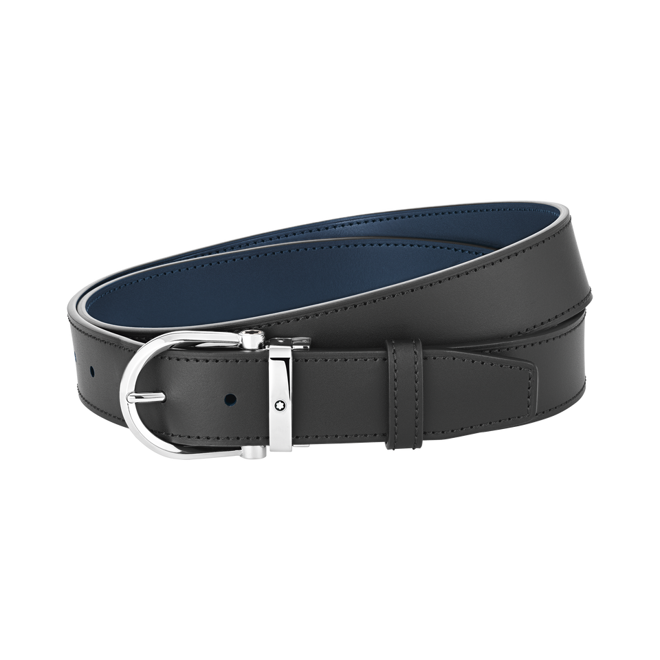 Horseshoe buckle black/blue 35 mm reversible leather belt - 1