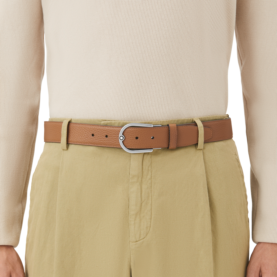 Horseshoe buckle grainy caramel/black 35mm reversible leather belt - 3