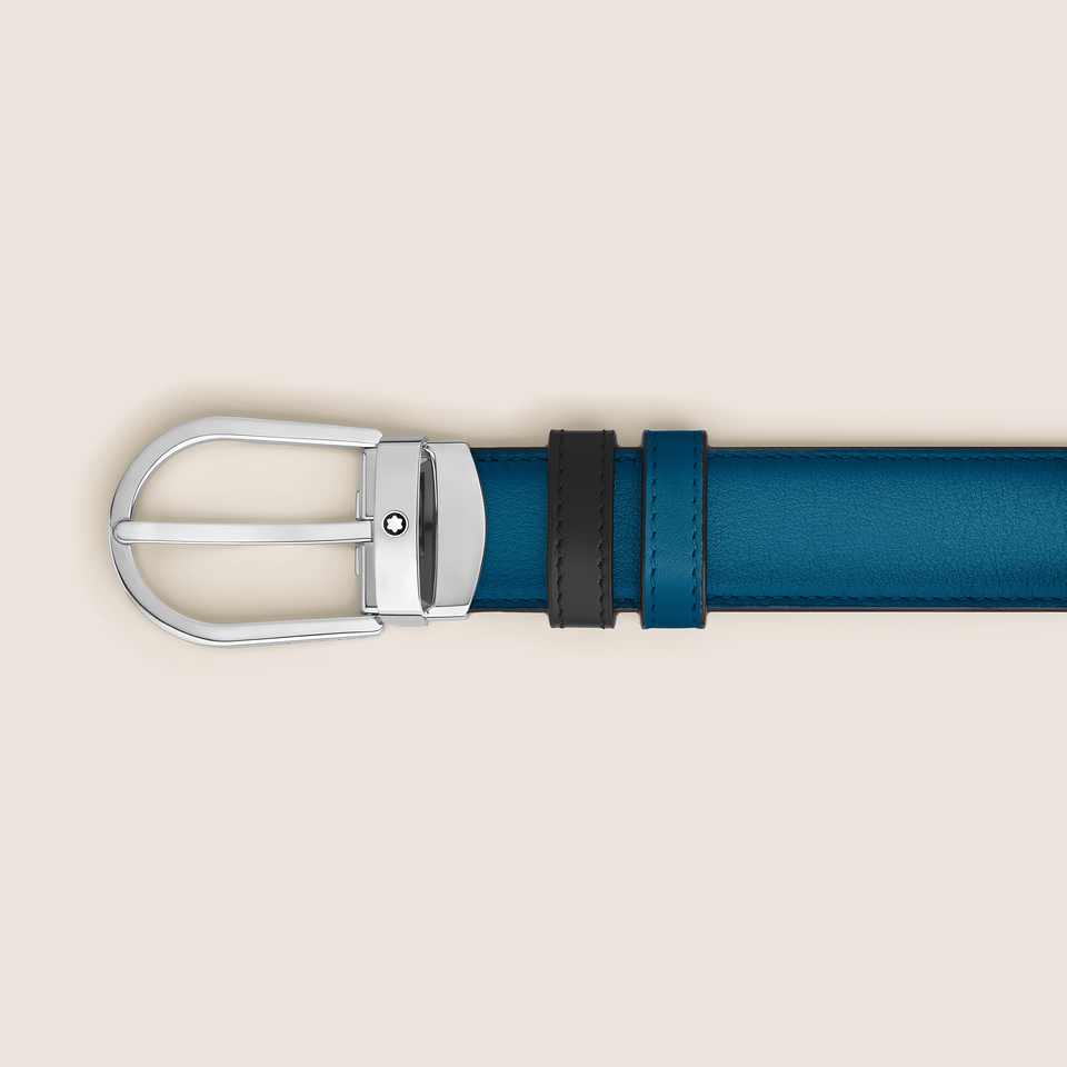 Horseshoe buckle smoky blue/black 30mm reversible leather strap - 3