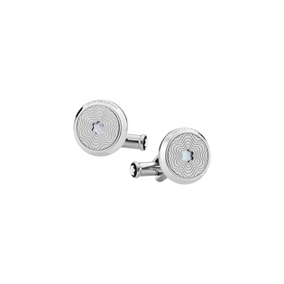 Cufflinks, round in stainless steel with exploding star pattern and mother-of-pearl snowcap emblem