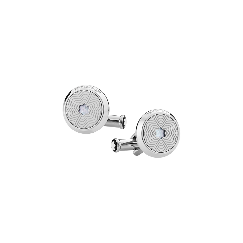 Cufflinks, round in stainless steel with exploding star pattern and mother-of-pearl snowcap emblem - 1
