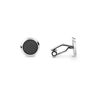 Cufflinks, round in stainless steel with carbon-patterned inlay
