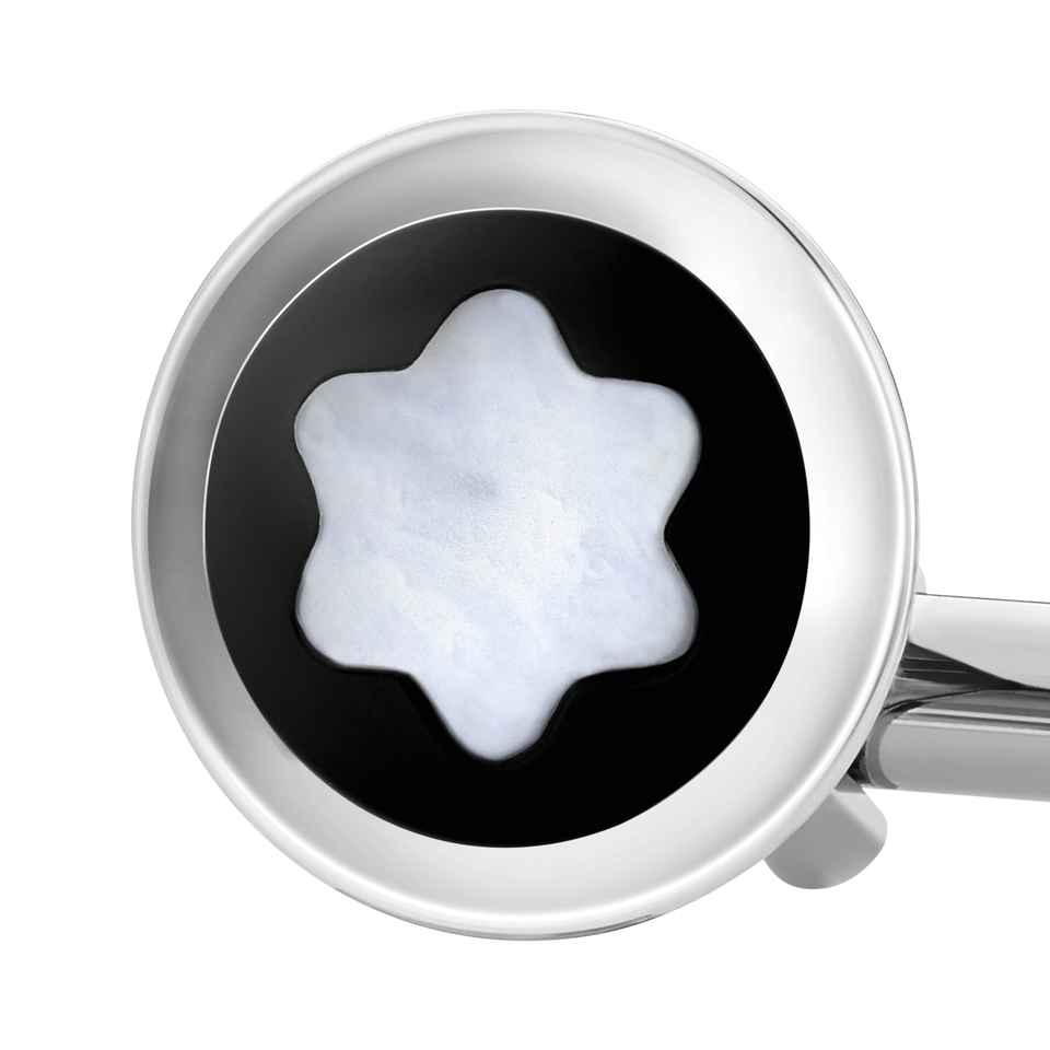 Cufflinks, round in stainless steel with black PVD inlay and mother-of-pearl snowcap emblem - 2