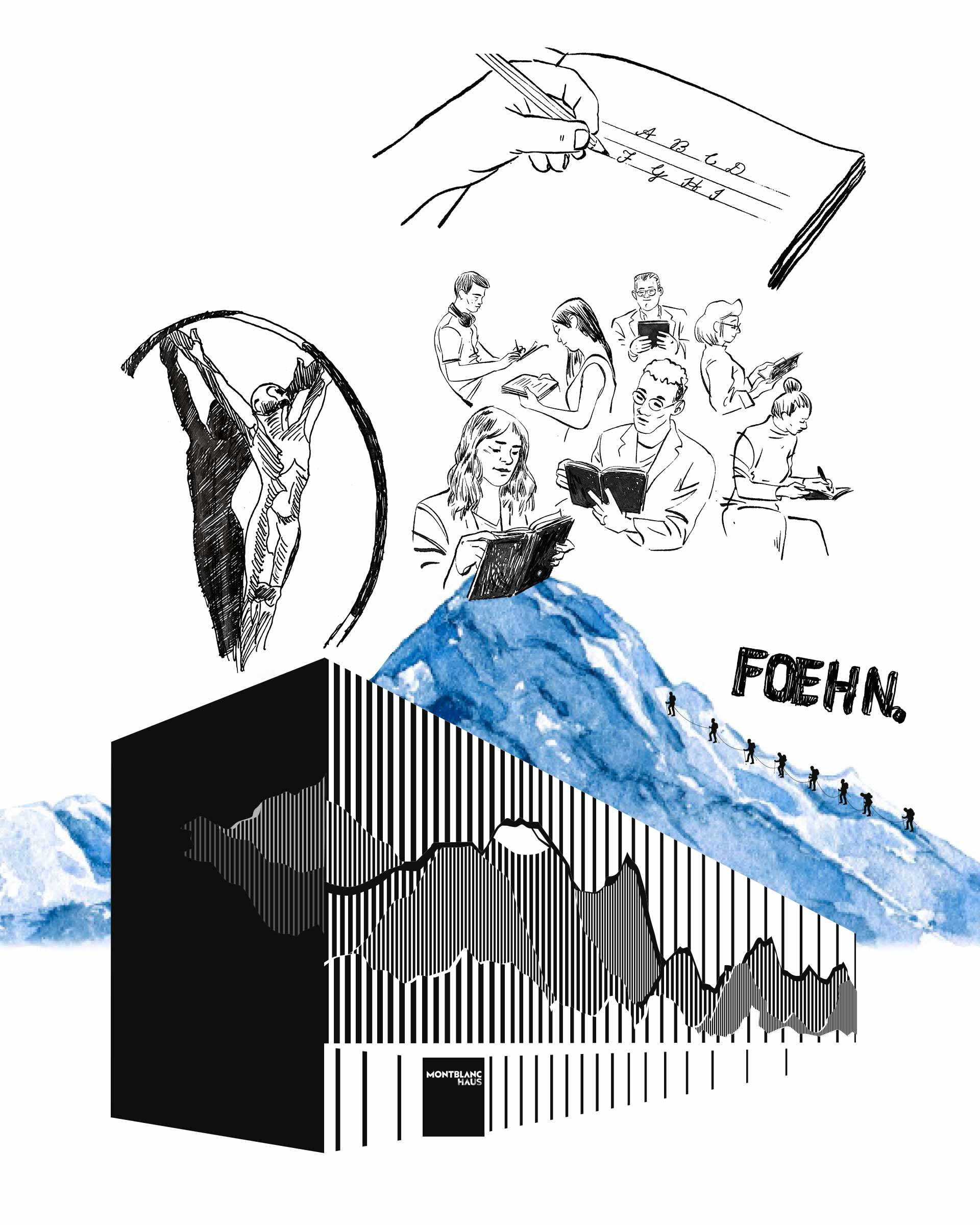 A draw of Montblanck headquarter, mountains and pleople